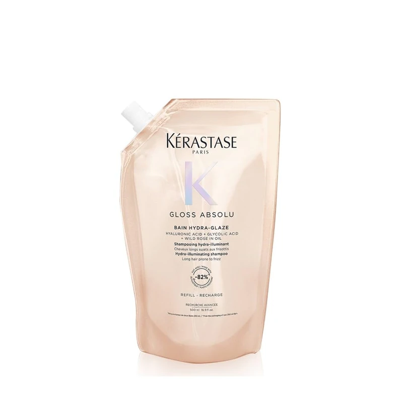 Kérastase Gloss Absolu Refill Pouch Shampoo for for All Hair Types, with Glycolic Acid, Hyaluronic Acid & Wild Rose 500ml