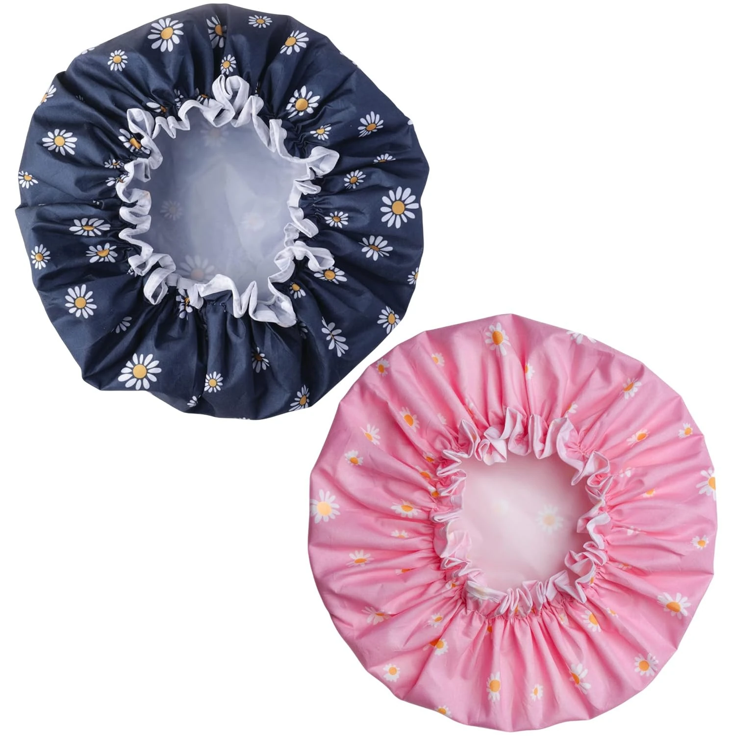 SARG Premium Double Layer Shower Caps, Navy Blue and Pink with Floral Pattern, Elasticated Edge - Reusable Shower Cap for Hair - Waterproof Plastic Cap - For Long, Short and Curly Hairs (Pack of 2)
