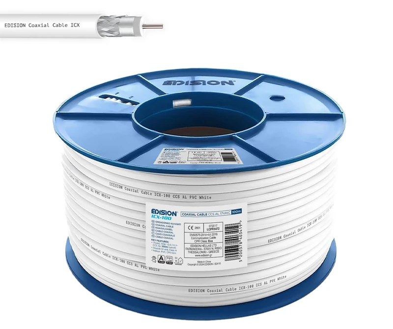 Edision ICX-100 Coaxial Cable 100 m, Antenna Cable 130 dB Indoor PVC White, Steel/Copper Inner Conductor CCS, SAT Cable, Suitable for DVB-S2, DVB-T/T2, DVB-C, BK Systems, CCTV, Plastic Spool 100 m