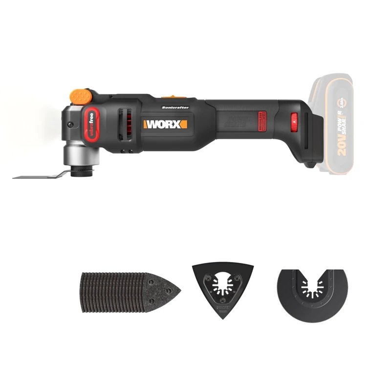 WORX 20V WX698.9 Brushless Cordless Multifunction Tool, Ideal for Cutting, Sawing, Grinding, Scraping, Universal Attachment System, Comes with 23 Accessories, No Battery or Charger