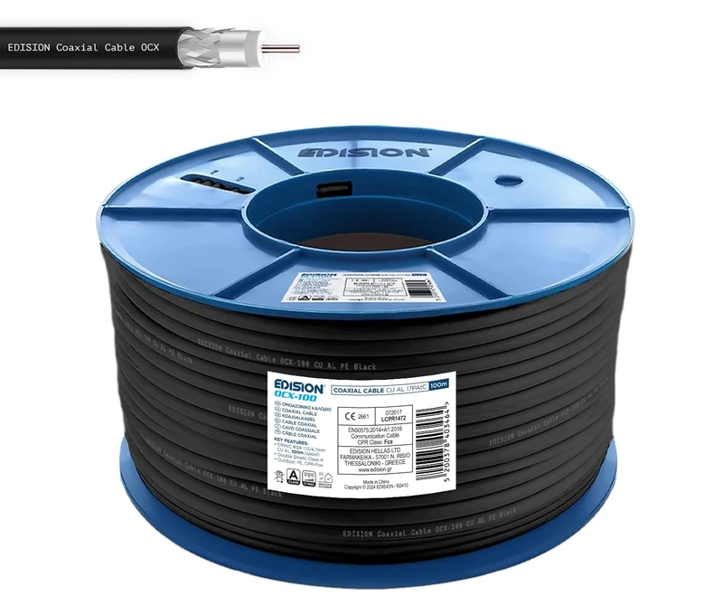 Edision OCX-100 Coaxial Cable 100 m, Antenna Cable 130 dB Outdoor/Indoor PE Black, Pure Copper Inner Conductor CU, SAT Cable, Suitable for DVB-S2, DVB-T/T2, DVB-C, BK Systems, CCTV, Plastic Spool 100