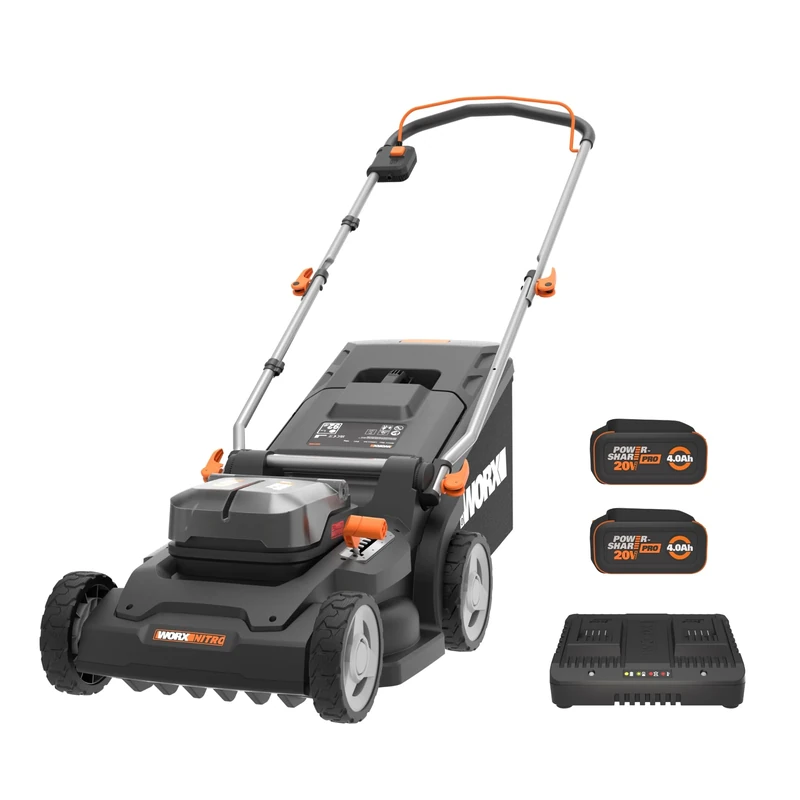 WORX Nitro WG745E Cordless Lawnmower 40 V 4Ah Maximum Surface Area of 500 m² Diameter 41 cm 50 L Cuts to Edges 6 Cutting Heights Comes with 2 Batteries and Charger