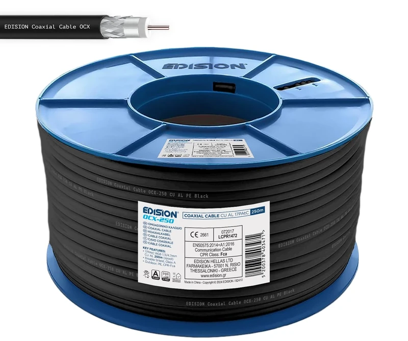 Edision OCX-250 Coaxial Cable 250 m, Antenna Cable 130 dB Outdoor/Indoor PE Black, Pure Copper Inner Conductor CU, SAT Cable, Suitable for DVB-S2, DVB-T/T2, DVB-C, BK Systems, CCTV, Plastic Spool 250