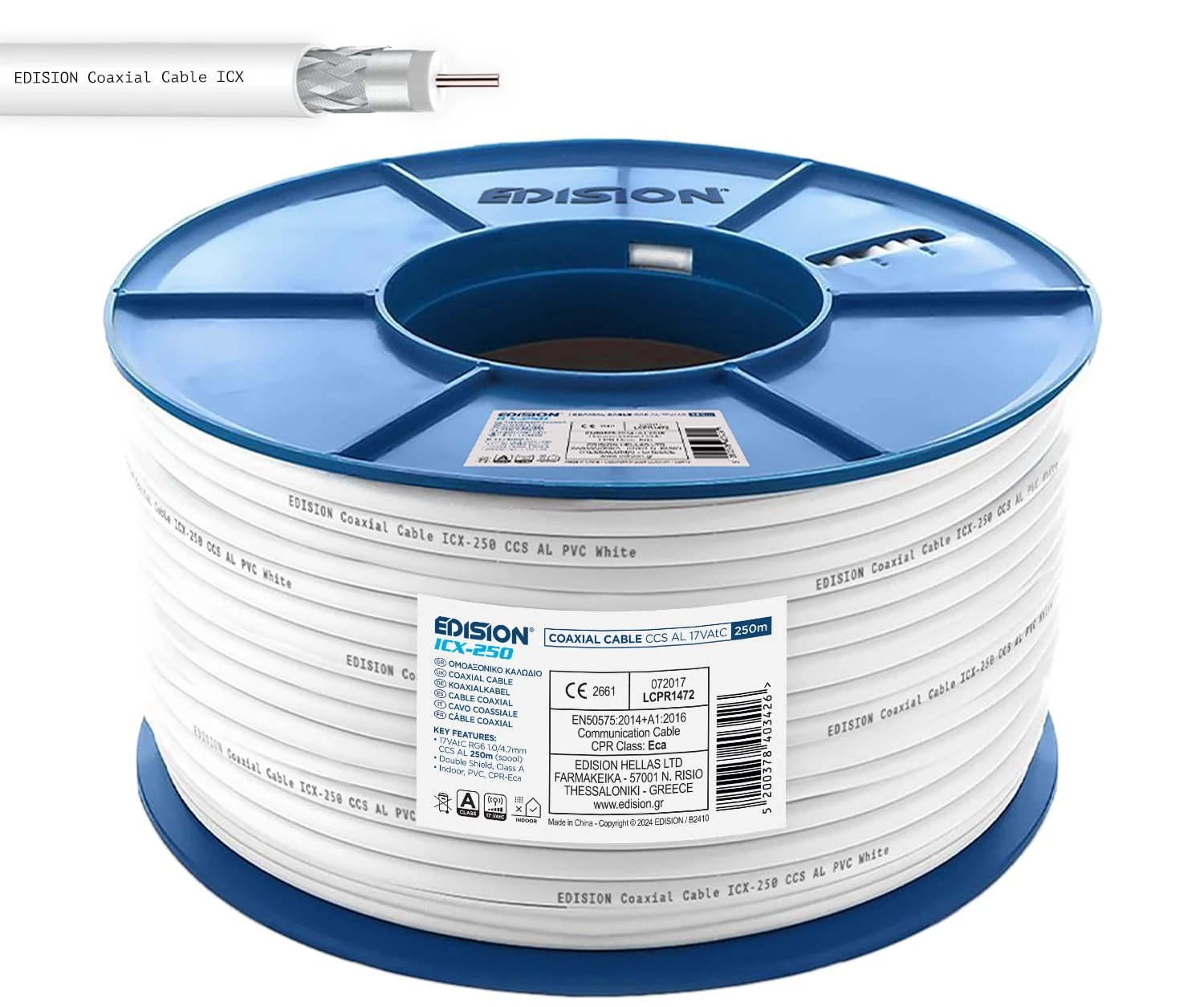 Edision ICX-250 Coaxial Cable 250 m Antenna Cable 130dB Indoor PVC White Steel/Copper Inner Conductor CCS SAT Cable Suitable for DVB-S2 DVB-T/T2 DVB-C BK Systems CCTV Plastic Spool 250 m