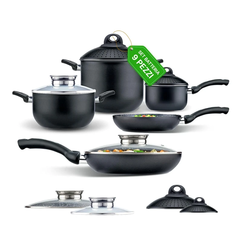 Avilia Set of 9 Pieces Cookware Set in Aluminium with Non-Stick Stone Effect Coating - Ideal for Any Gas Hob, Electric and Induction - Dishwasher Safe - Image 1