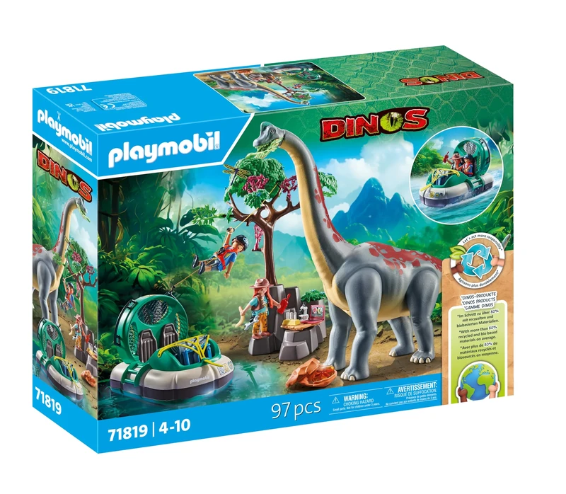 Playmobil | Dinos | Brachiosaurus Encounter with Hovercraft | Dino Playset | Dinosaur Adventure for Kids Aged 4+ | 71819