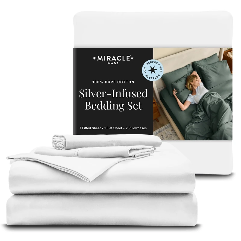 Miracle Made Breathable Cotton Bed Sheets, 4-Piece Set – Silver-Treated, Soft and Cool-to-The-Touch Lightweight Bedding Designed for Hot Sleepers – Cali King Size, White