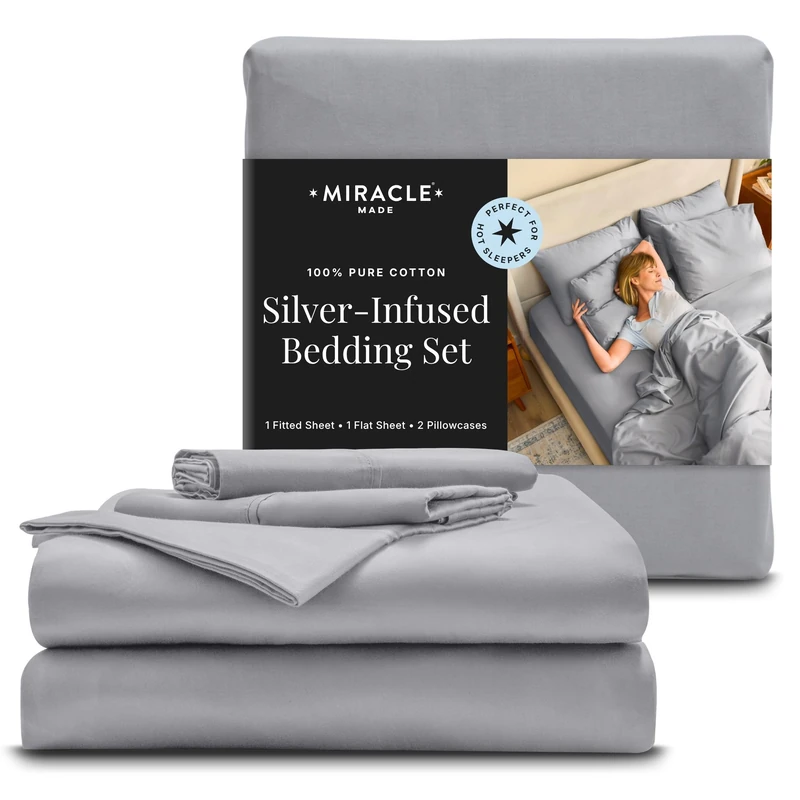 Miracle Made Luxe Soft Cotton Bed Sheet Set, 4-Piece Silver-Infused Cooling Fabric – Lightweight, Hypoallergenic Bedding for Hot Sleepers, Cali King Size, Silver Grey