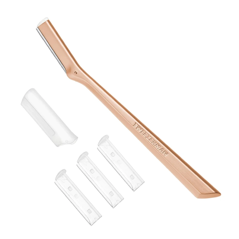 Tweezerman Dermaplaning Razor For Face, Exfoliating Facial Razor for Women & Men, with 3 Spare Blades Included, Rose Gold, (Pack of 4)