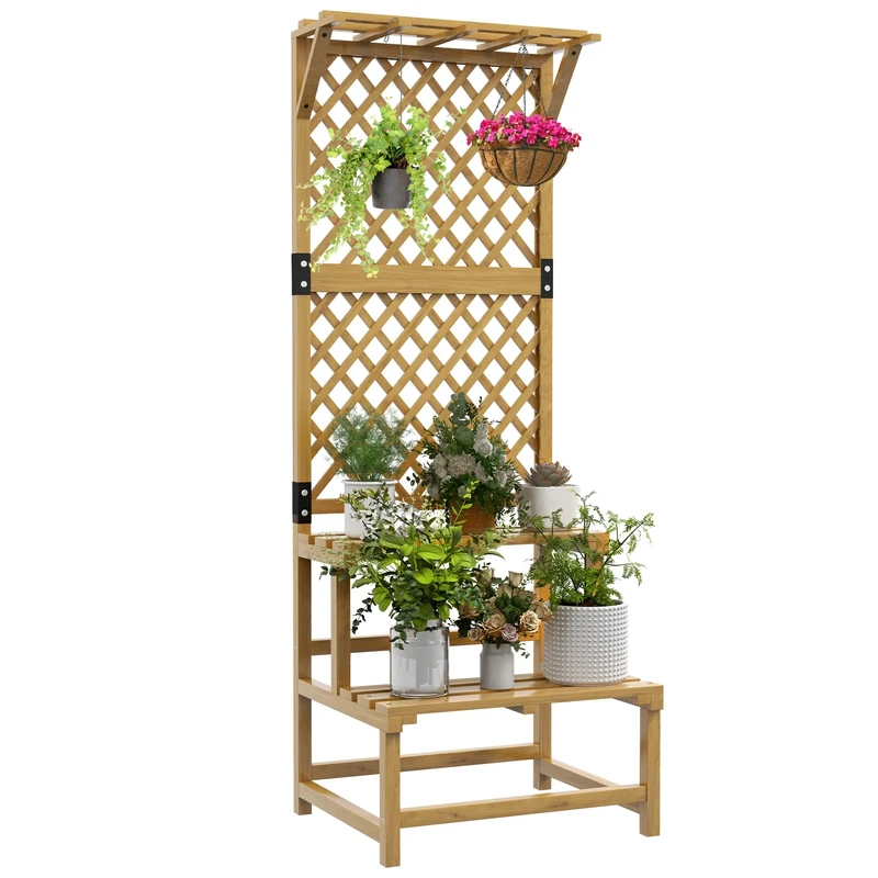 Outsunny 2 Tier Wooden Plant Stand with Trellis, Freestanding Raised Garden Bed for Climbing Plants, Planter Box to Grow Vegetables, Herbs and Flowers for Garden, Patio, Yellow