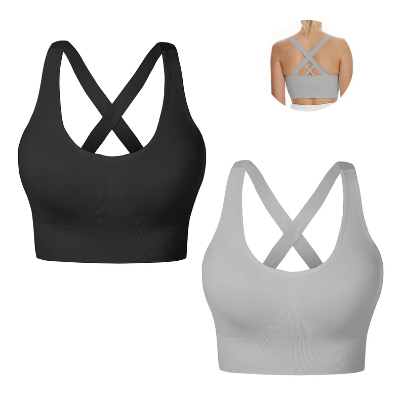 Nabawa Sports Bra for Women Unpadded Medium Support Criss Cross Back Strappy Sports Bras Seamless High Impact Yoga Workout Bra Gym Activewear Top,Black*Grey