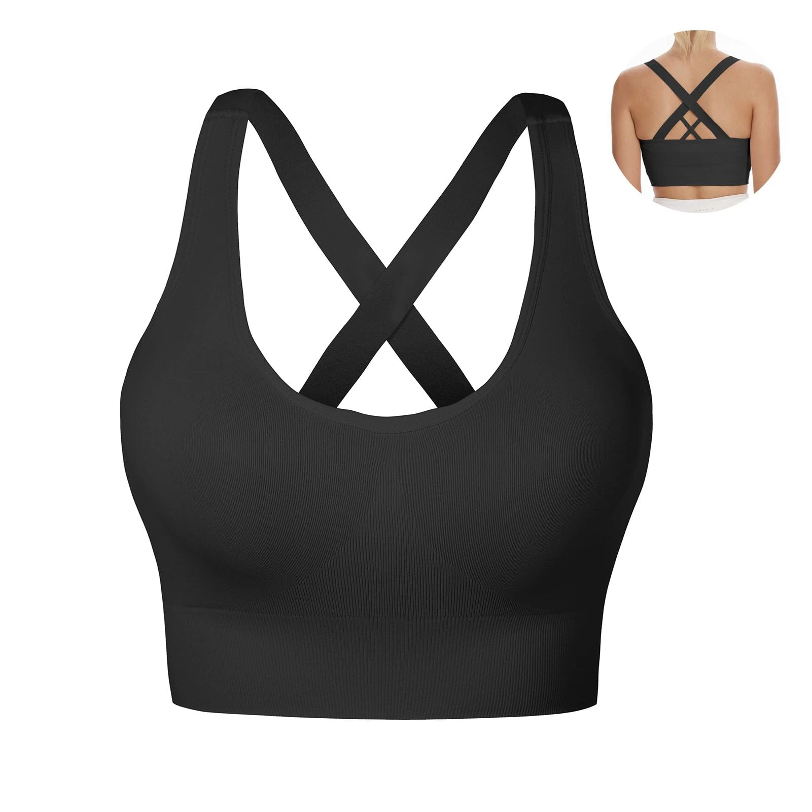 Nabawa Sports Bra for Women Unpadded Medium Support Criss Cross Back Strappy Sports Bras Seamless High Impact Yoga Workout Bra Gym Activewear Top,Black