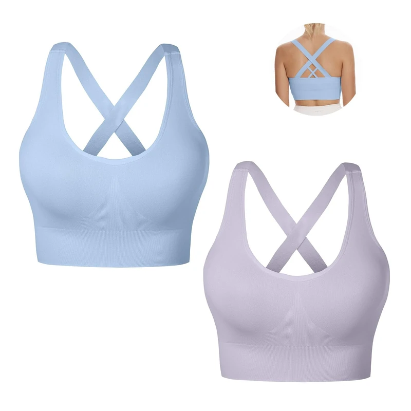 Nabawa Sports Bra for Women Unpadded Medium Support Criss Cross Back Strappy Sports Bras Seamless High Impact Yoga Workout Bra Gym Activewear Top,Blue*Purple