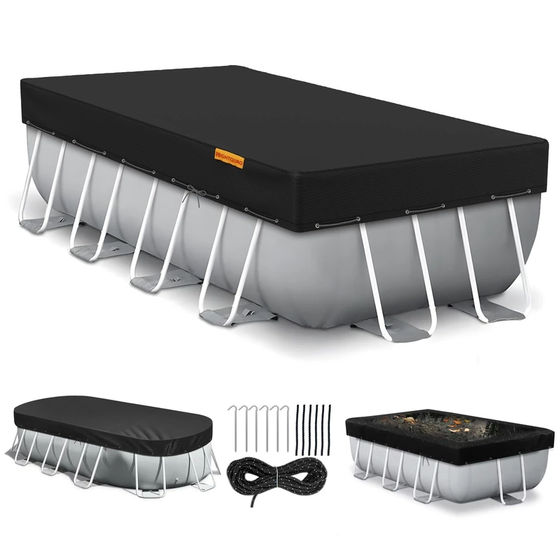 HIGHTQURO Rectangular Pool Cover for Above Ground Pools,Solar Oval Pool Cover Protector with Ground Nails and Windproof Ropes Increase Stability,Waterproof and Dustproof (7x13Ft, Black)