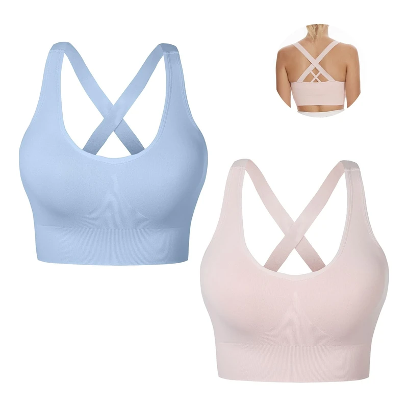 Nabawa Sports Bra for Women Unpadded Medium Support Criss Cross Back Strappy Sports Bras Seamless High Impact Yoga Workout Bra Gym Activewear Top,Blue*Pink