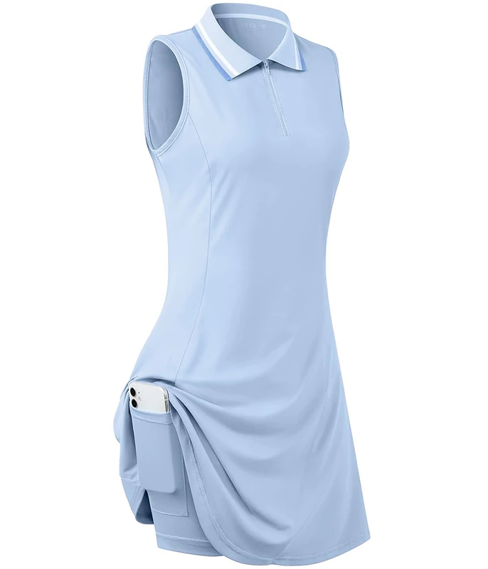 FREEYE Womens Sleeveless Golf Tennis Dresses with Inner Shorts＆Pockets for Workout Exercise, Light Blue, M