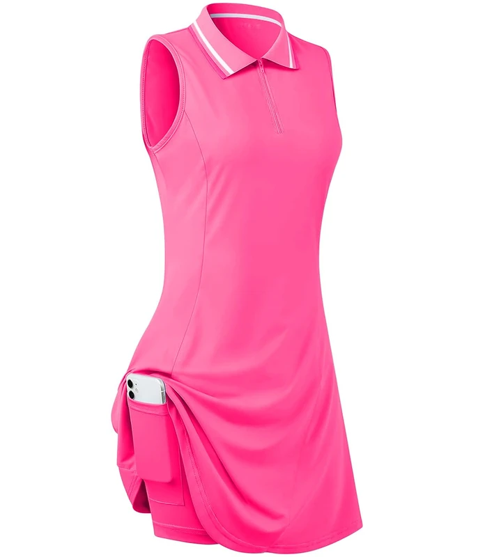 FREEYE Womens Sleeveless Golf Tennis Dresses with Inner Shorts＆Pockets for Workout Exercise, Pink, XL