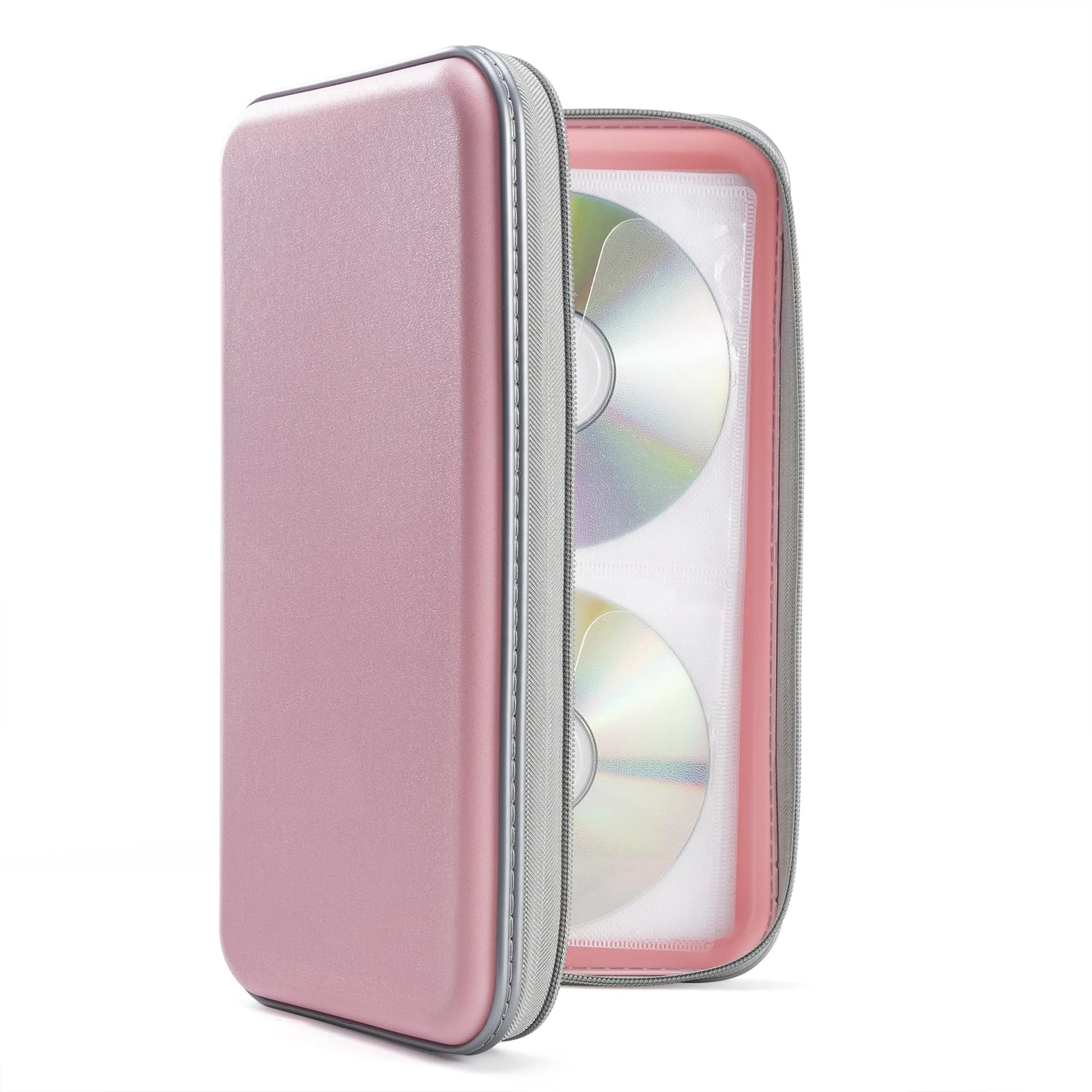DVSICK DVD Case, 96 Capacity Plastic CD Holder Case Portable Travel Protective Zipper DVD Case Holder For Car Storage Wallet Bag(light pink)
