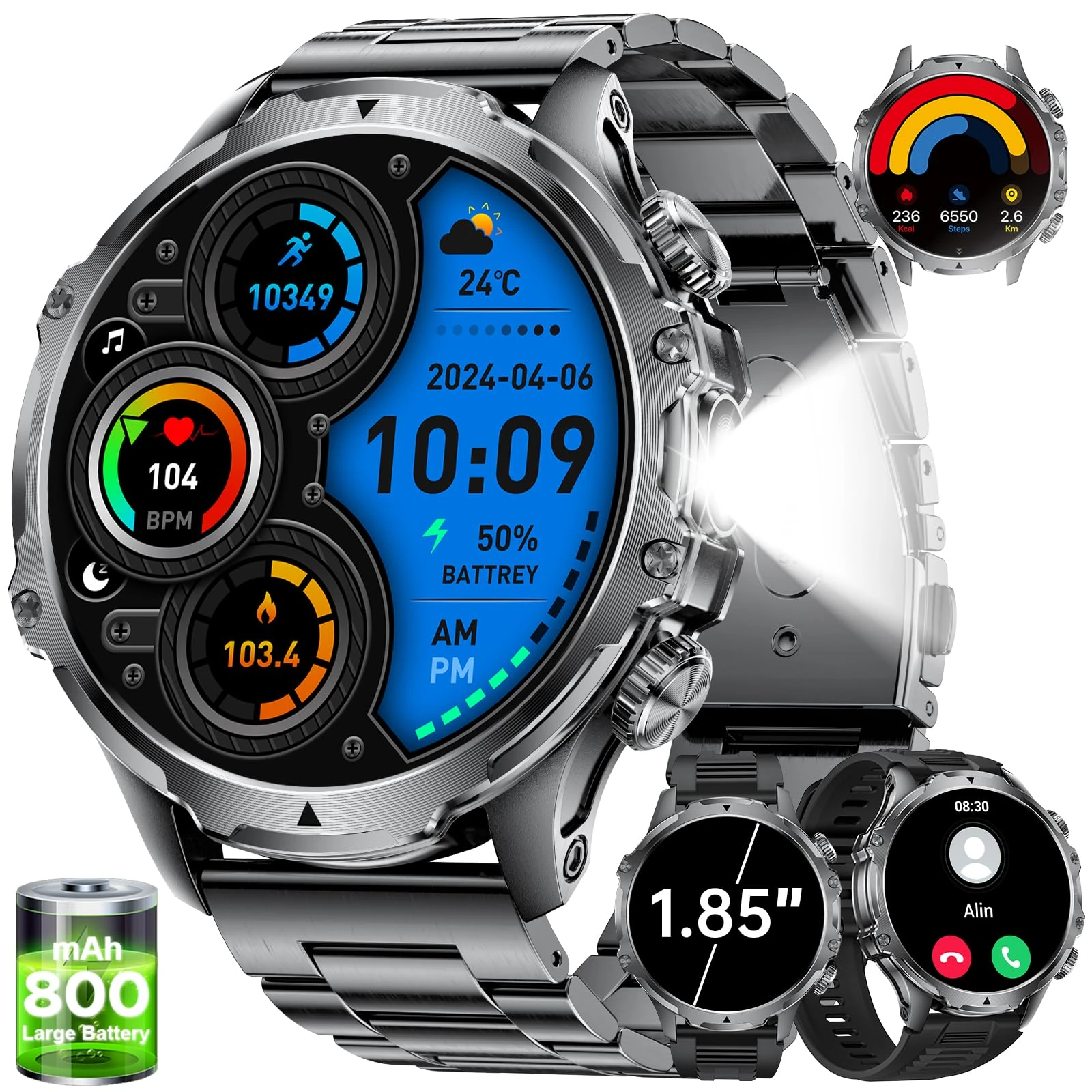 LIGE Men's Smartwatch with LED Torch/800 mAh, 1.85 Inches Smartwatch with Bluetooth Calling, IP68 Waterproof 110+ Sports Modes Heart Rate Monitor SpO2 and Sleep Smartwatch for Android iOS