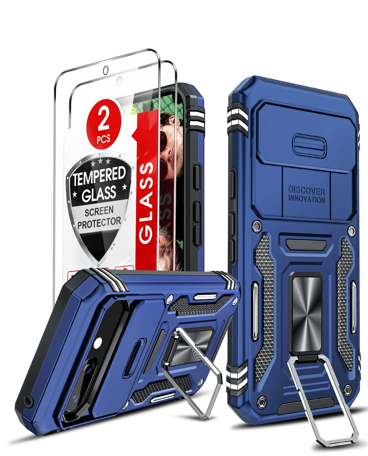 LeYi for Google Pixel 9a Phone Case, with Camera Lens Cover Slider, 2 Pack Screen Protectors, Ring Stand Holder Military Grade Protective Shockproof Armour Cover for Google Pixel 9 a, Navy Blue