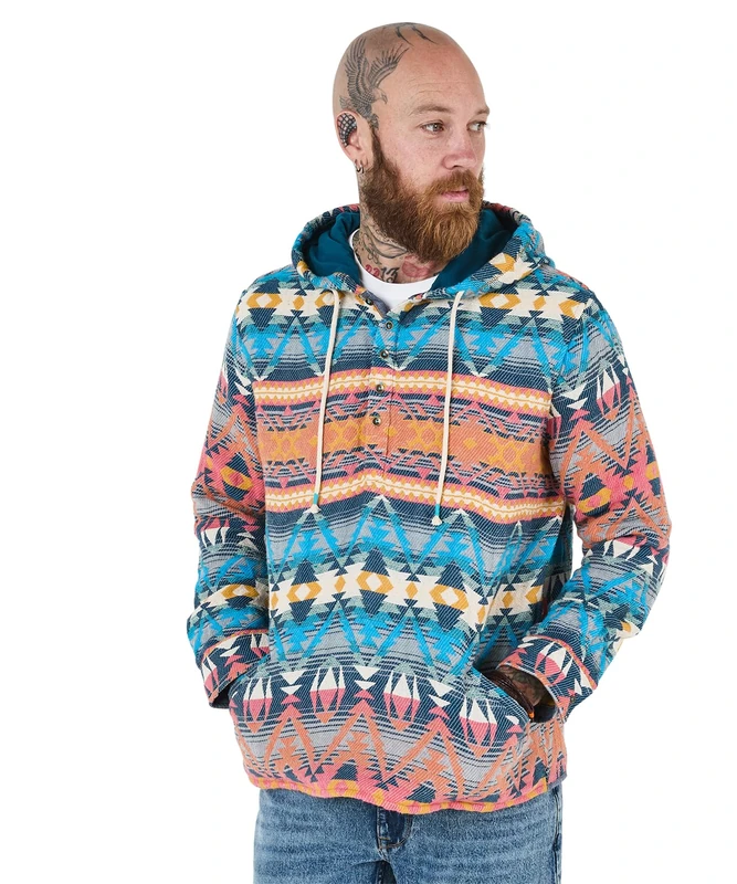 Joe Browns Men's Bright Aztec Woven Button Detail Hoodie Hooded Sweatshirt, Multi, S