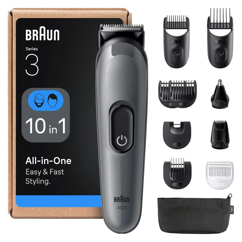 Braun 11-in-1 All-in-One Trimmer for Men, Series 3 Grooming Kit for Beard, Face, Hair, Body&Nose, Ultra Sharp Blade, 14 Length Settings, Washable Heads, 50-Min Cordless Use –AIO3565, Grey