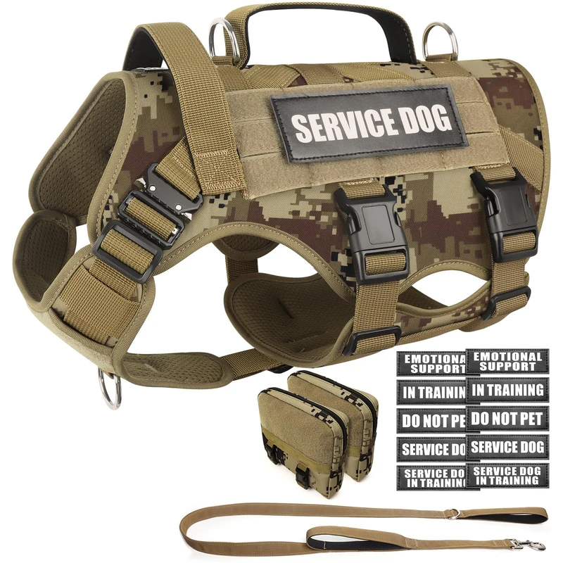 WINSEE Tactical Dog Harness with Dog Leash, Service Working MOLLE Vest with 10 Pet Patches for Dog, No Pull Military Harness and Backpack for Training Hunting Walking