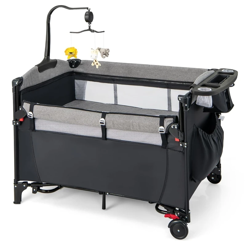 GYMAX 5 in 1 Folding Travel Cot, Portable Baby Bed Playard (Black)