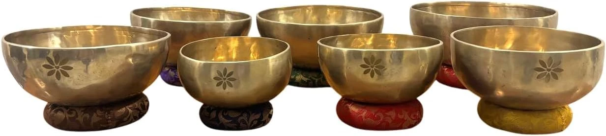 Amilav Collections 7 Chakra Singing Bowl Set, Singing Bowls Set, Tibetan Singing Bowl Set of 7, A to G Note Healing Bowls, Mediation Bowl (5-10")