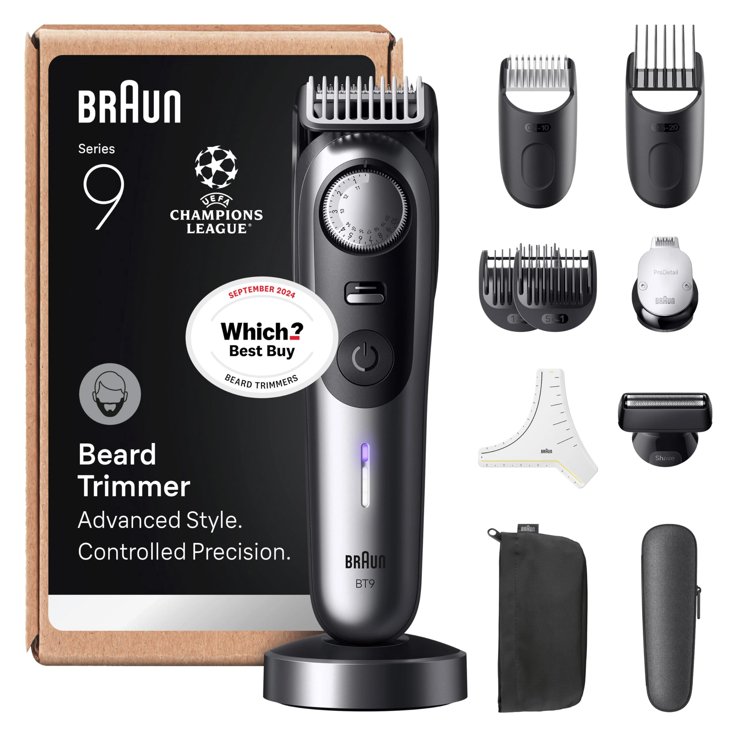 Braun Series 9 Beard Trimmer for Men, 11-in-1 Grooming Kit for Beard, & Face Hair, Lifetime Sharp ProBlade, 52 Lengths, 180 Min Runtime, Waterproof, Chrome - BT9545