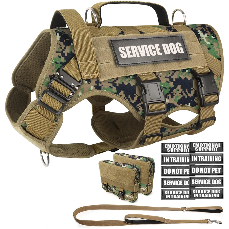 WINSEE Tactical Dog Harness with Dog Leash, Service Working MOLLE Vest with 10 Pet Patches for Dog, No Pull Military Harness and Backpack for Training Hunting Walking