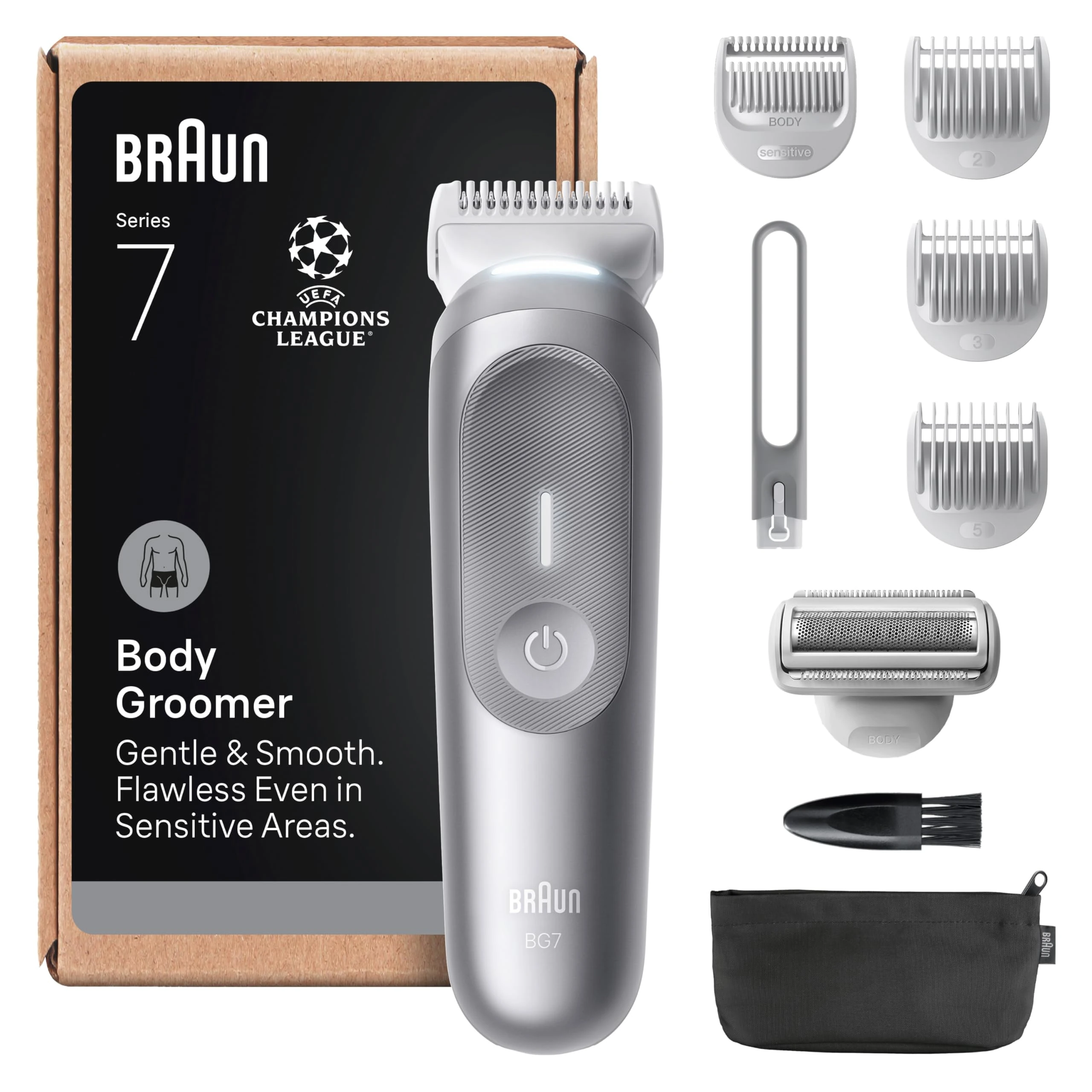 Braun Series 7 Body Groomer for Men, Body & Pubic Hair Trimmer with Smartlight & SkinGuard, 8-in-1 Grooming Kit, Waterproof Electric Shaver for Sensitive Areas, 100 Min Runtime, BG7555 Grey