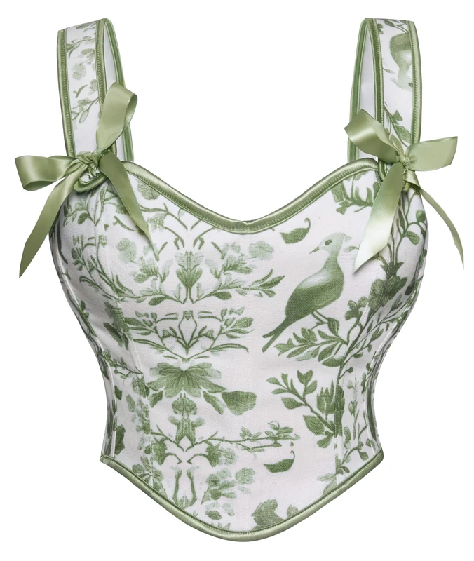 SCARLET DARKNESS Corset Tops for Women Sweetheart Neckline Floral Corset with Zipper Size 6-18, Green Flower Bird, 12