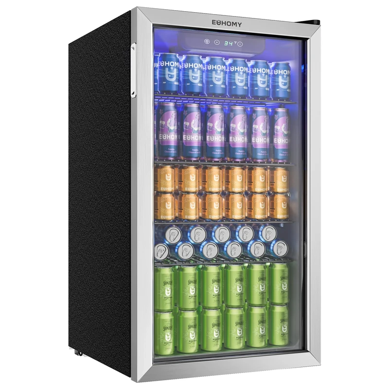 EUHOMY 90L Drinks Fridge, 126 Can Beer Fridge with Glass Door, Wine fridge with Adjustable Shelves for Soda Beer or Wine, Home/Bar/Office, Silver, Steel, One-Touch Control [Energy Class F]