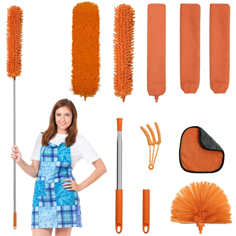 JEHONN Feather Duster Kit 8 PCS for Cleaning, 245 cm Extendable Long Handle Microfiber Cobweb Dusting Brush, Telescopic Dust Remover Tool for High Ceiling Fan AC Vent Wall House Exterior Interior
