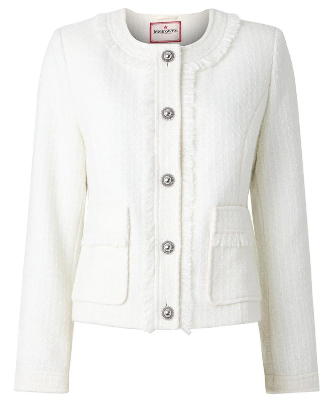 Joe Browns Women's Collarless Frayed Edge Tweed Jacket, Cream, 8