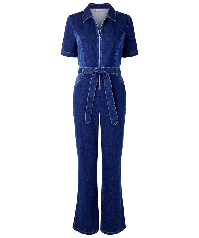 Joe Browns Women's Stretch Panelled Denim Zip Front Belted Jumpsuit, Relaxed Fit, Blue, UK 18
