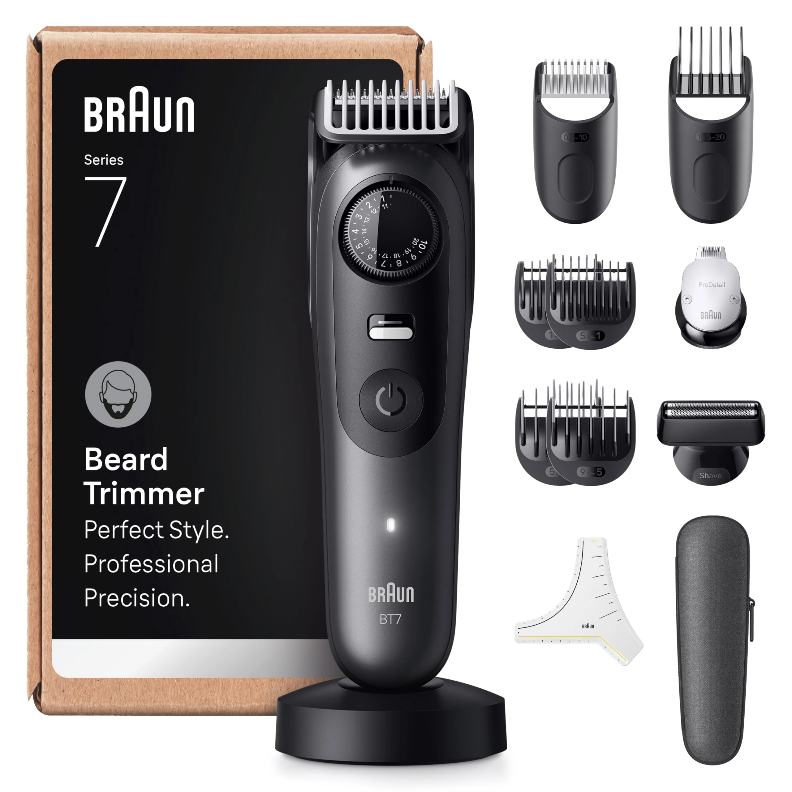 Braun Beard Trimmer Series 7, +12 Barbering Tools, Lifetime Sharp ProBlade, Up to 120 Min Runtime, 40 Lengths, Waterproof, PrecisionWheel & Lock, BT7545, Grey