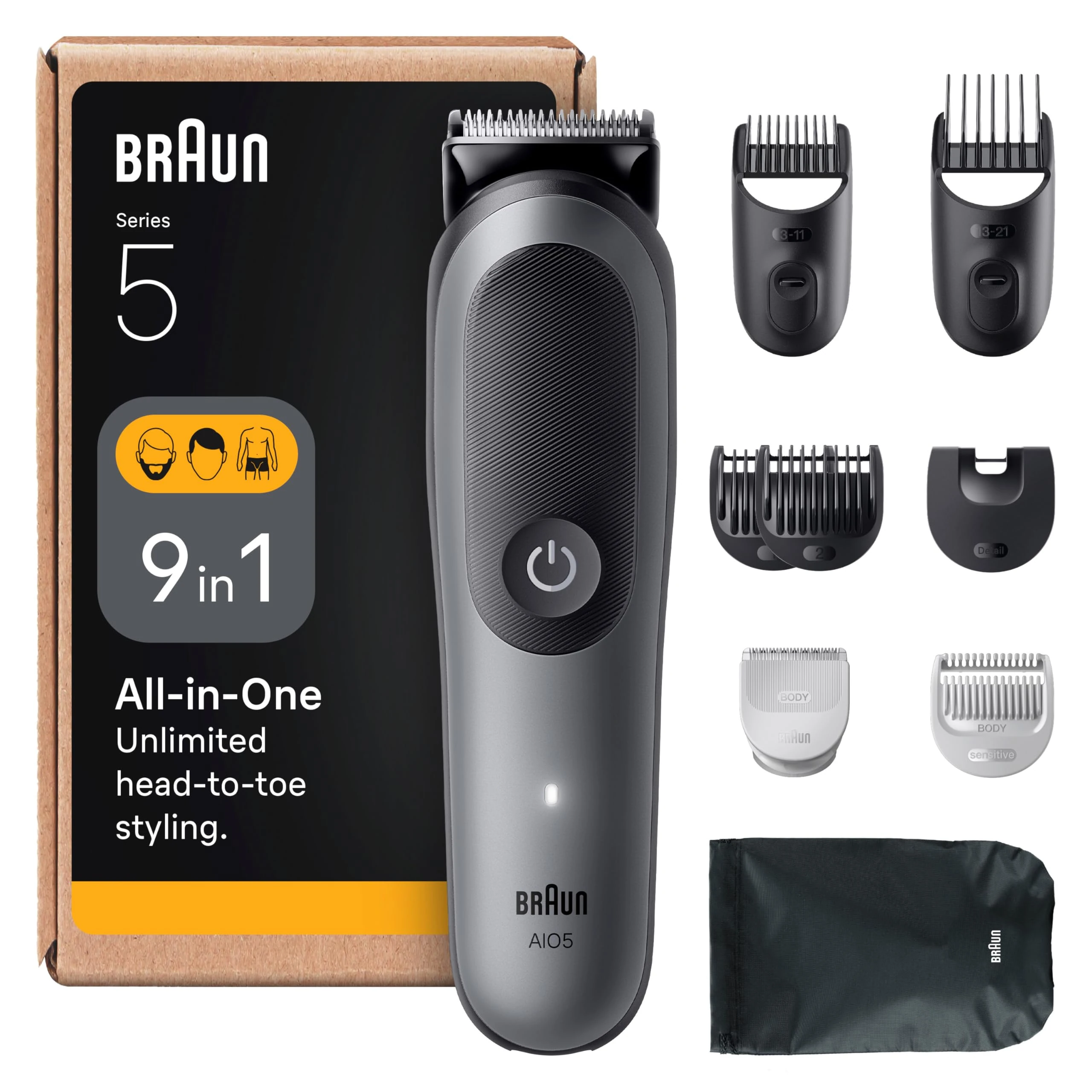 Braun All-in-One Series 5 Grooming Kit, 9in1, Ultra Sharp Blade, 120 Min, SkinGuard for Body, Precise & Efficient Trim, AquaGrip for Under Water Use, AIO5545, Grey