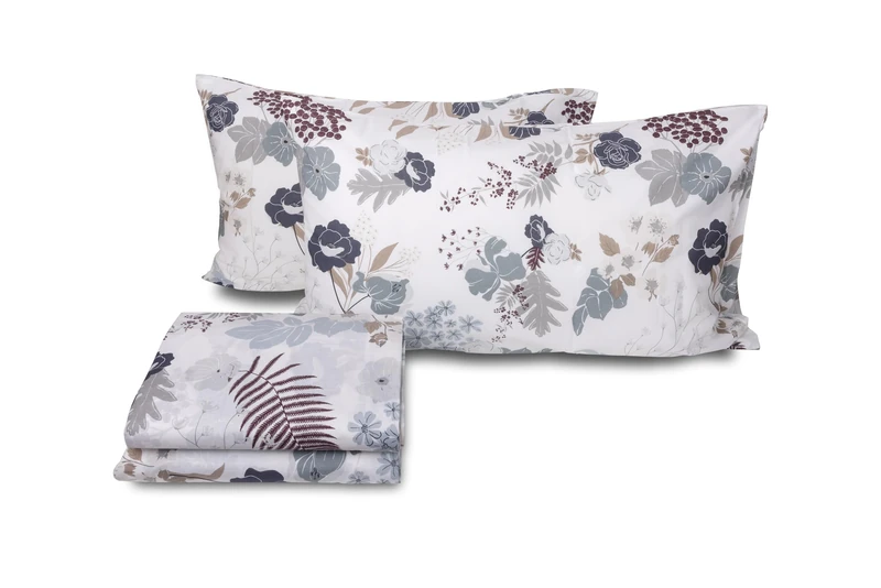 zer0bed Double Bed Linen Set in Cotton Floral Design, Made in Italy, Top Sheet + Fitted Sheet + Pair of Pillowcases, 100% Cotton, Indigo
