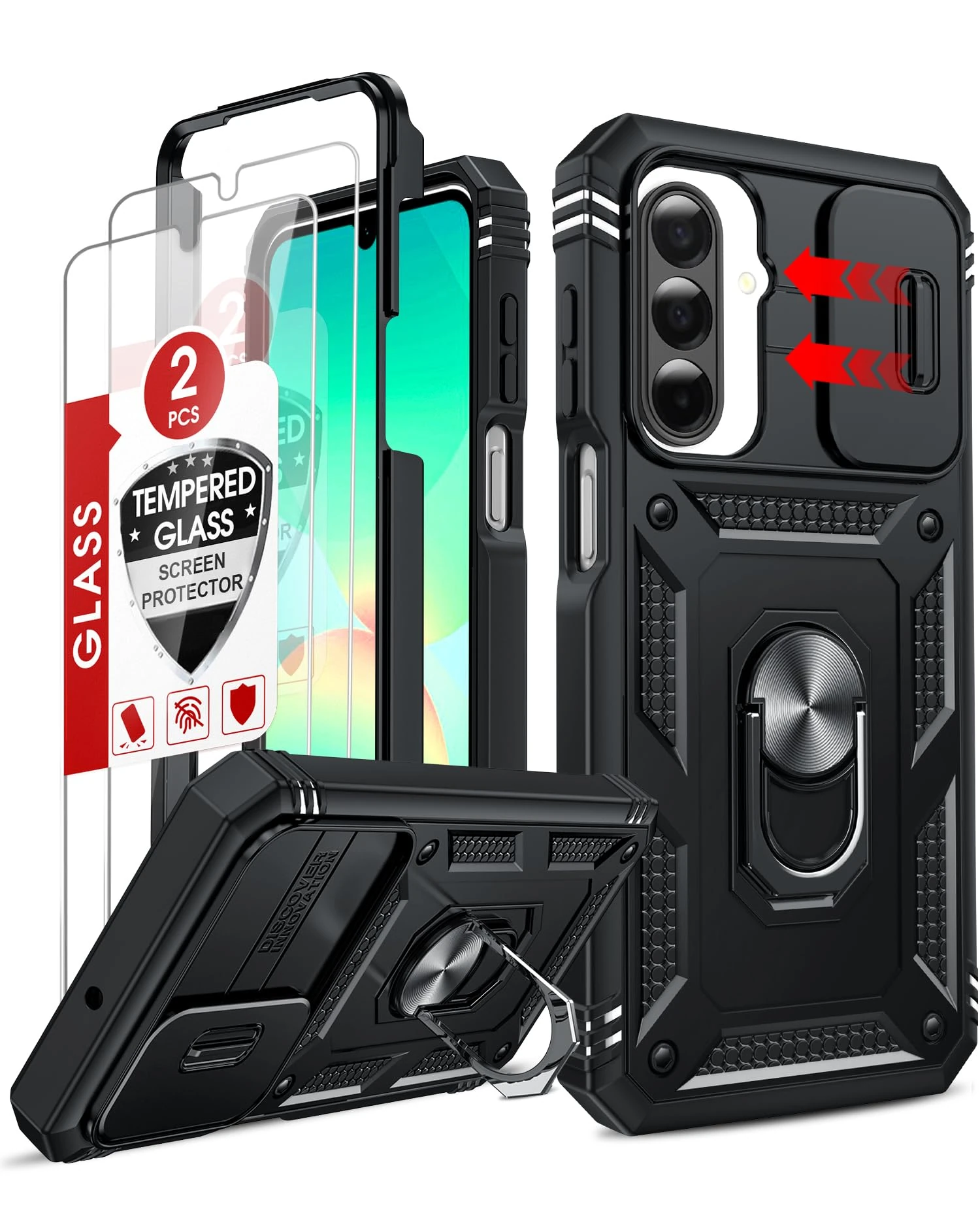 LeYi for Samsung Galaxy A26 5G Case with Camera Cover Slider, 360° Full Body Tough Armour Phone Cover Hard Heavy Duty Protective | 2 Tempered Glass Screen Protector | Ring Stand Holder for A 26, Black