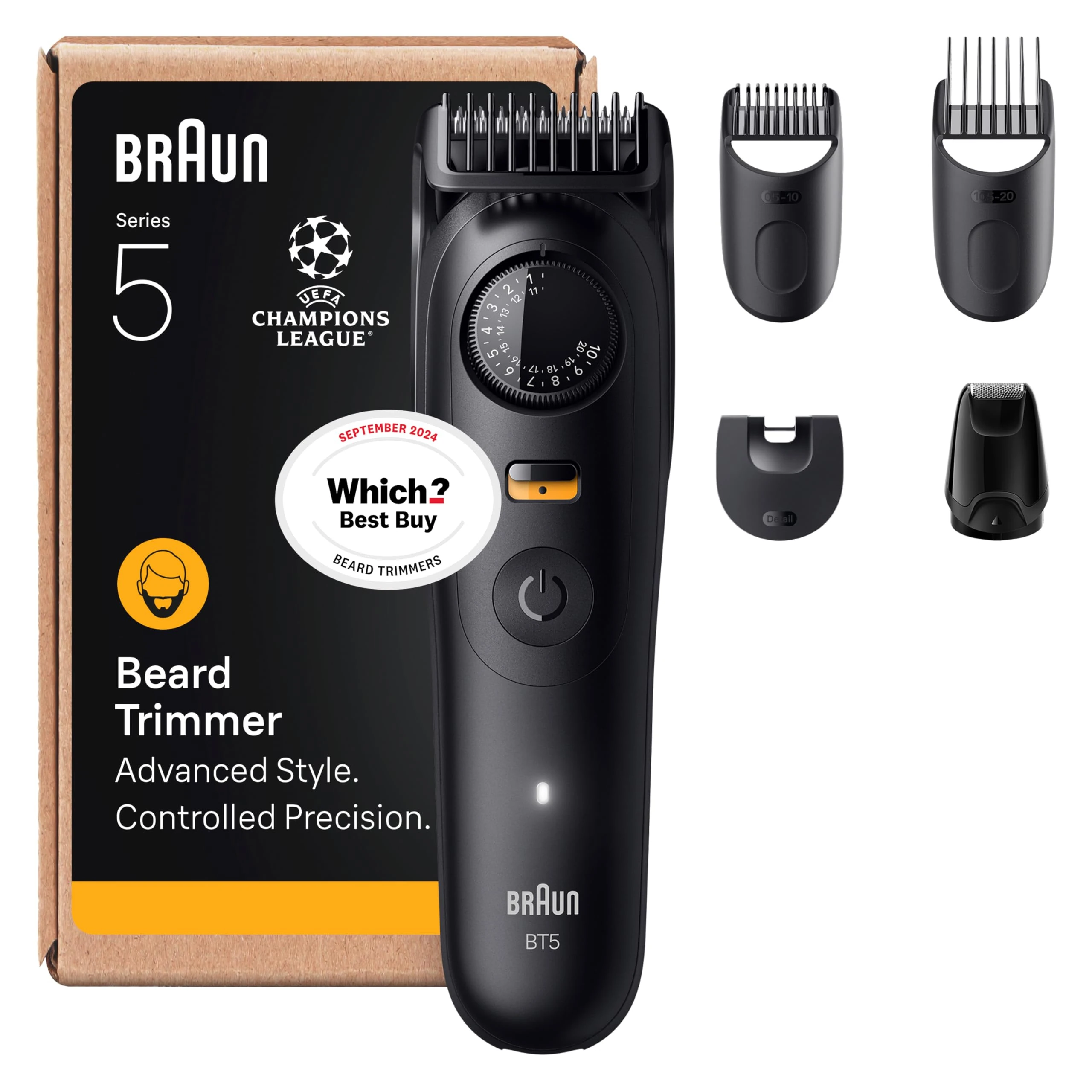 Braun Beard Trimmer Men Series 5, Mens Beard Trimmer with 5 Styling Tools, Ultra Sharp Blade, Waterproof, 40 Lengths & 120-Min Runtime, BT5525, Grey