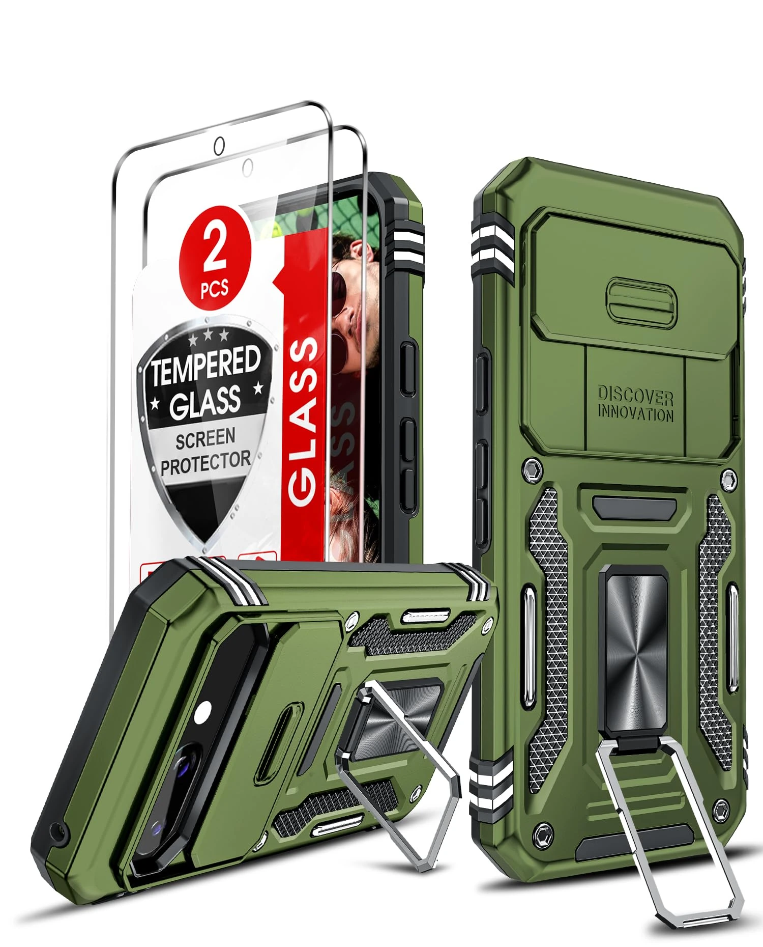 LeYi for Google Pixel 9a Phone Case, with Camera Lens Cover Slider, 2 Pack Screen Protectors, Ring Stand Holder Military Grade Protective Shockproof Armour Cover for Google Pixel 9 a, Green