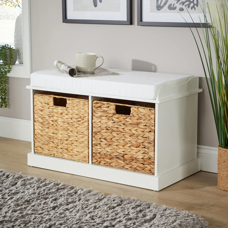 Home Source Hallway Shoe Storage Wooden Bench, 2 Water Hyacinth Basket Drawers, Cushioned Padded Seat, White