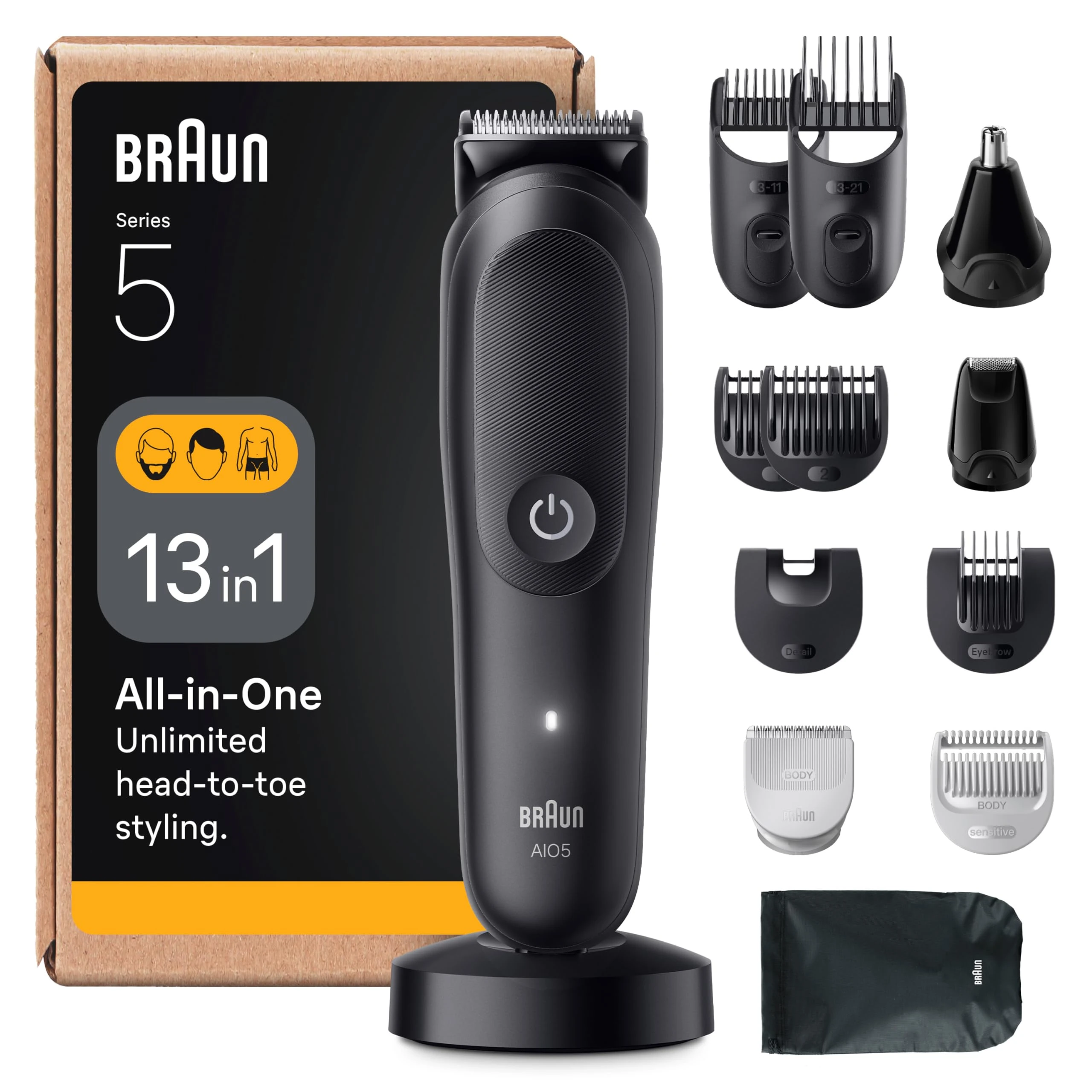 Braun All-in-One Series 5 Grooming Kit, 13in1, Ultra Sharp Blade, 120 Min, SkinGuard for Body, Precise & Efficient Trim, AquaGrip for Under Water Use, AIO5565, Black