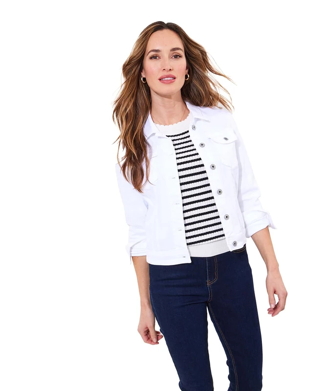 Joe Browns Women's BOUTIQUE Embellished Wing Detail Distressed Stretch Denim Jacket, Slim, White, UK 6 - Image 1