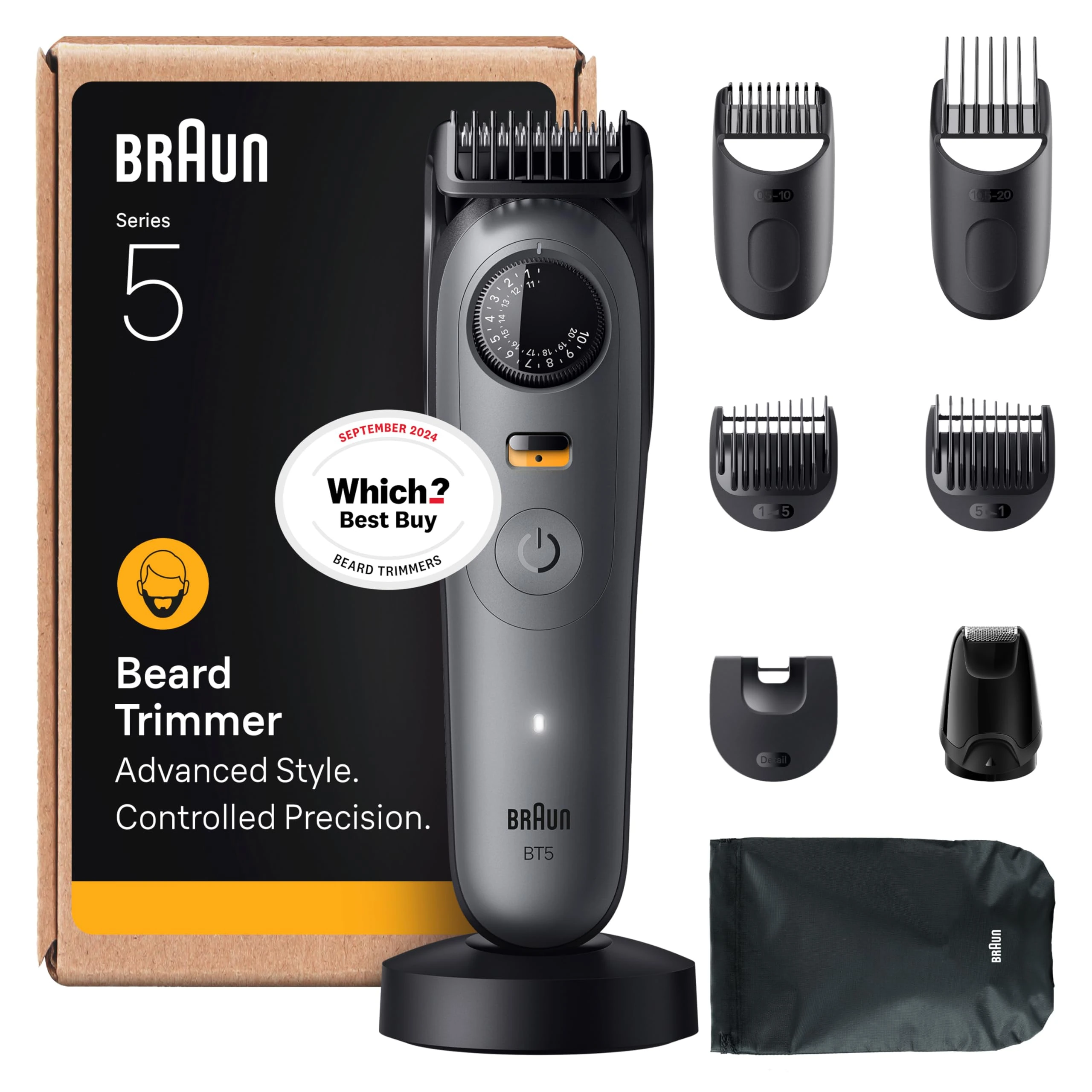 Braun Beard Trimmer Series 5, +9 Styling Tools, Ultra Sharp Blade, 120 Min Runtime, 40 Lengths, Waterproof, PrecisionWheel & Lock, BT5565, Grey