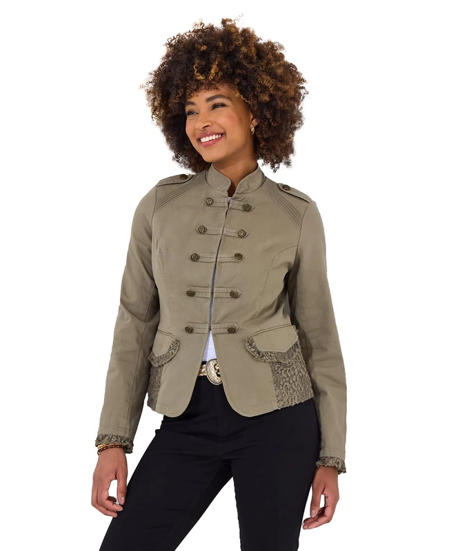Joe Browns Women's Khaki Military Style Lace Trim Jacket, Regular Fit, Green, UK 6