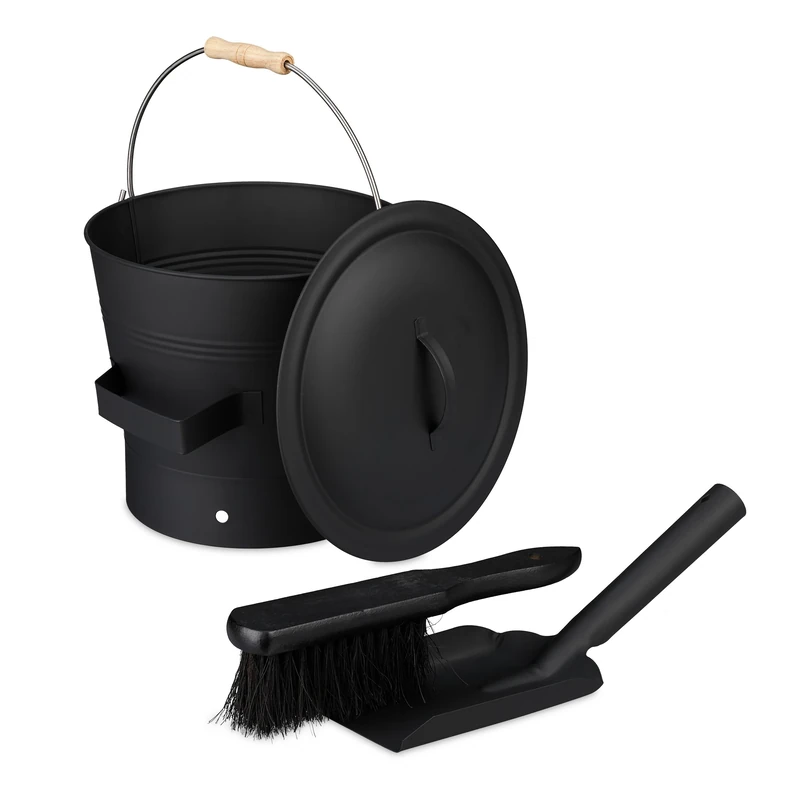 Relaxdays Ash Bucket with Lid & Sweeping Set, 7.5 Litres, Shovel & Broom, Fireplace Bin, Container with Handle, Black, Iron