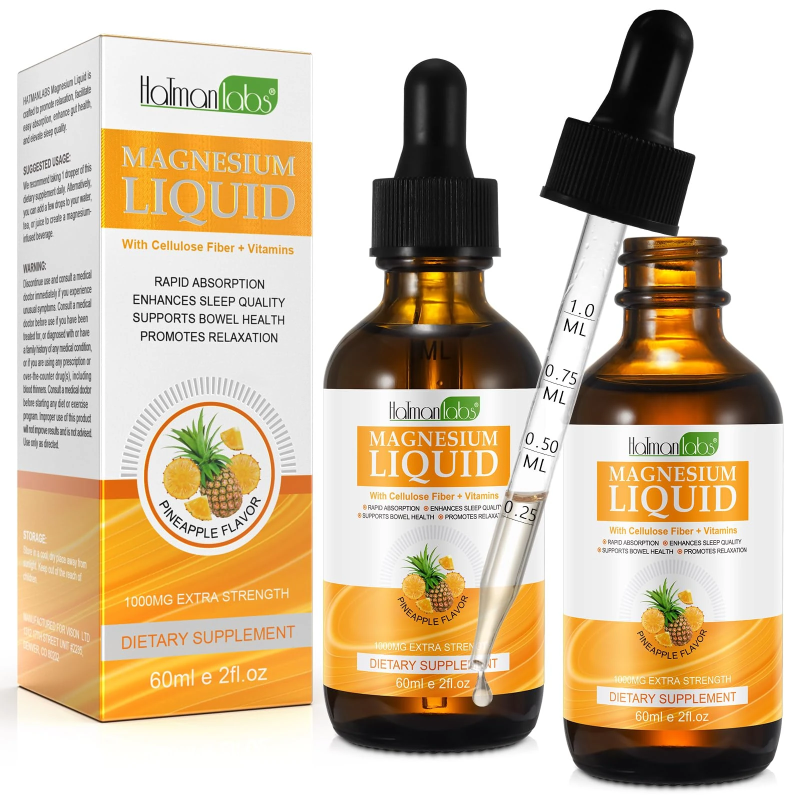 Magnesium Glycinate Liquid Drops Liquid Magnesium Complex with Glycinate,Taurate,Cellulose Fiber,Bromelain,Vitamin B6,C,D and Zinc Pineapple